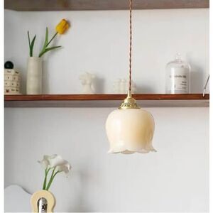 Vintage Pendant  Milk Yellow Glass Hanging  Flower Shade Adjustable Gold Brass